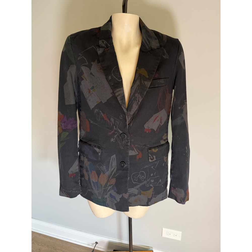 Desigual Women Floral Graphic Print Blazer Jacket Dark Grey Small